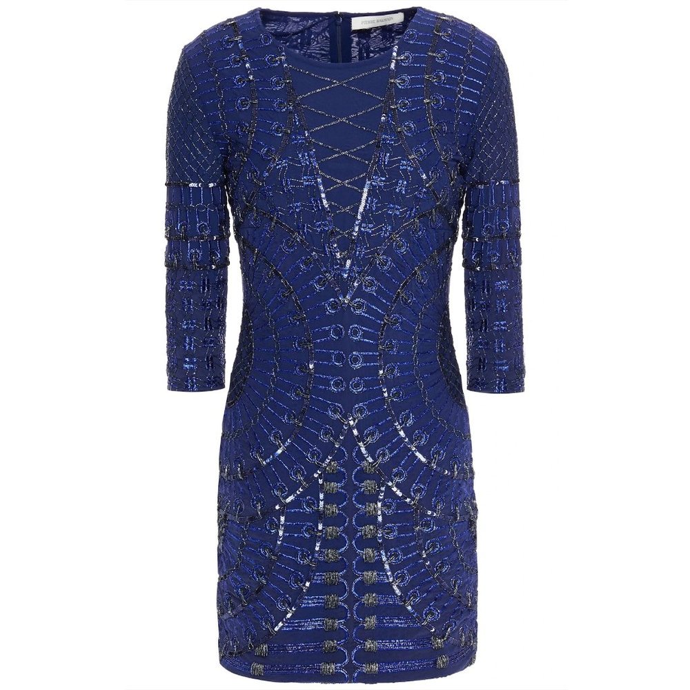 !SOLD! Authentic Pierre Balmain Indigo Embellished Stretch-Tulle Mini Dress